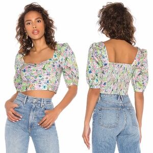 For Love & Lemons Women's Jardine Cotton Poplin Crop Top Size XS Smocked Back